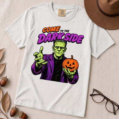 Come to the Darkside Frankenstein Monster T-Shirt, Halloween tee - White unfolded t-shirt mockup