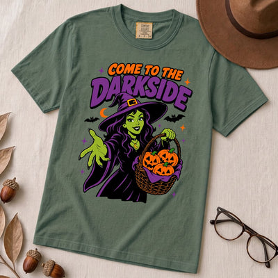 Come to the Darkside Witch T-Shirt, Halloween tee - Blue Spruce unfolded t-shirt mockup