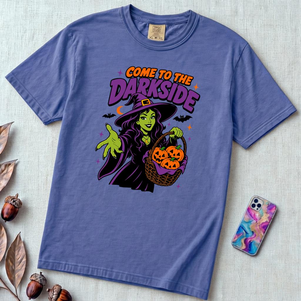 Come to the Darkside Witch T-Shirt, Halloween tee - Flo Blue unfolded t-shirt mockup