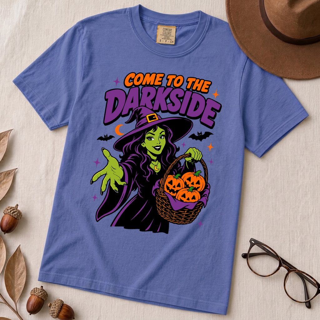 Come to the Darkside Witch T-Shirt, Halloween tee - Flo Blue unfolded t-shirt mockup