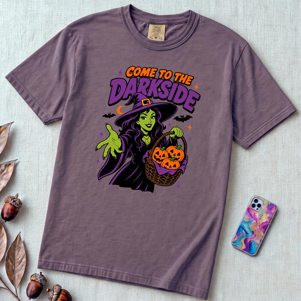 Come to the Darkside Witch T-Shirt, Halloween tee - Grape unfolded t-shirt mockup