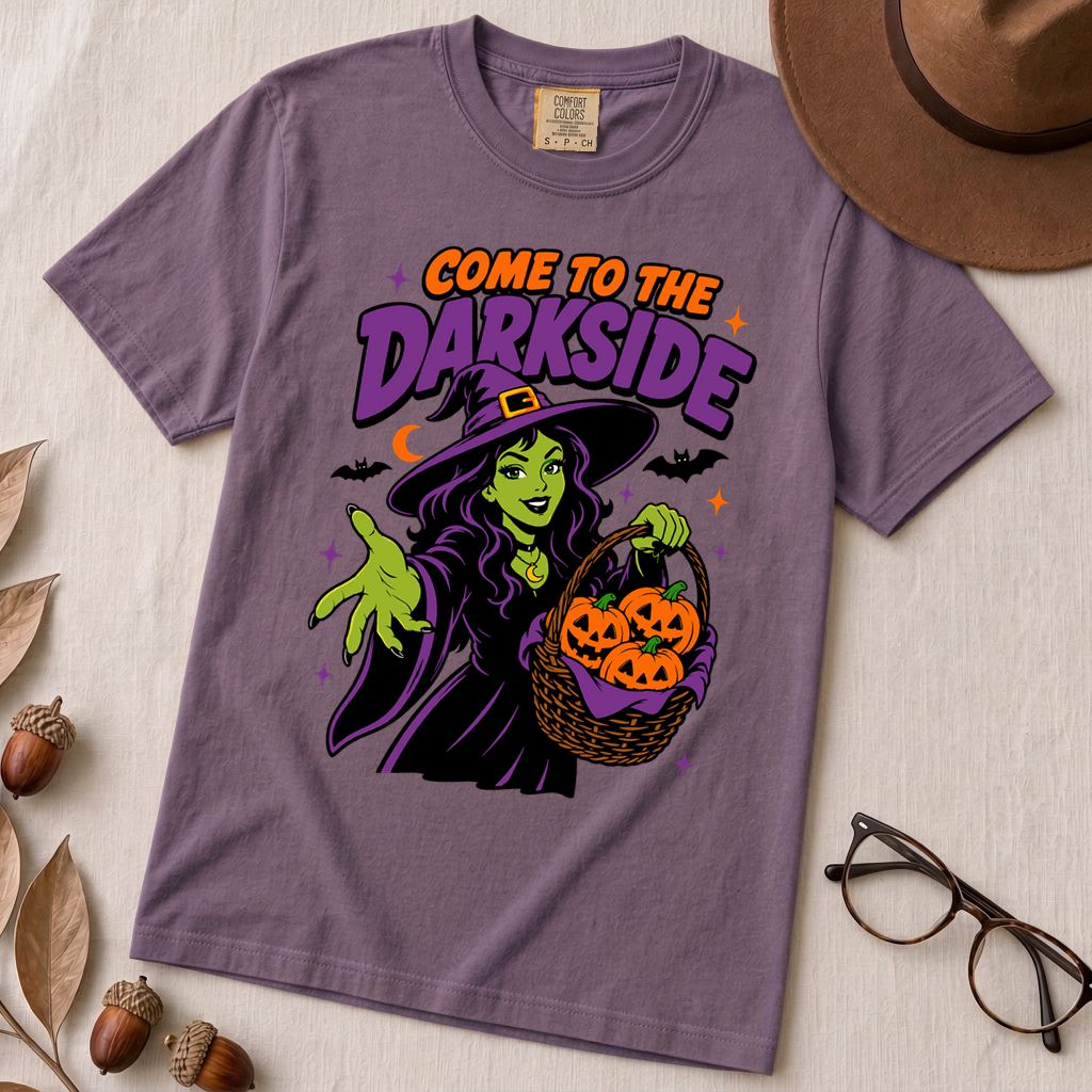 Come to the Darkside Witch T-Shirt, Halloween tee - Grape unfolded t-shirt mockup