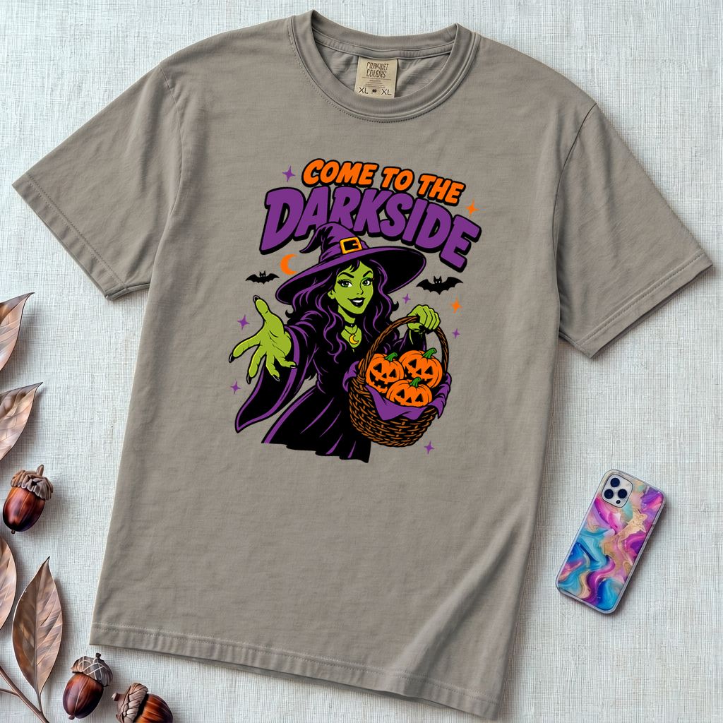Come to the Darkside Witch T-Shirt, Halloween tee - Grey unfolded t-shirt mockup