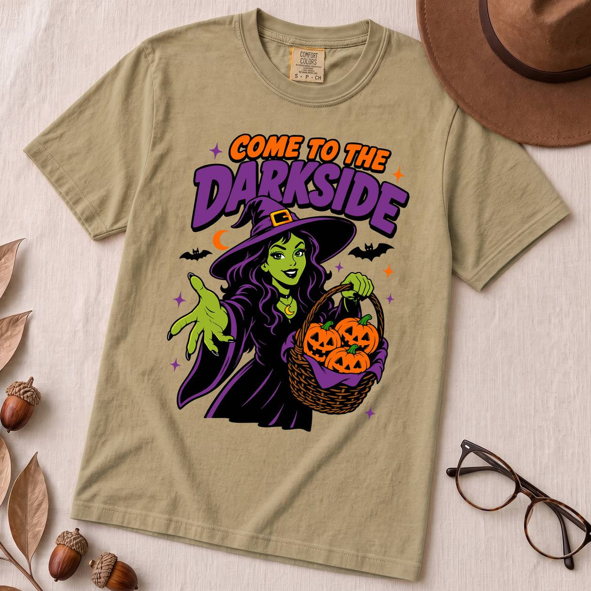 Come to the Darkside Witch T-Shirt, Halloween tee - Khaki unfolded t-shirt mockup