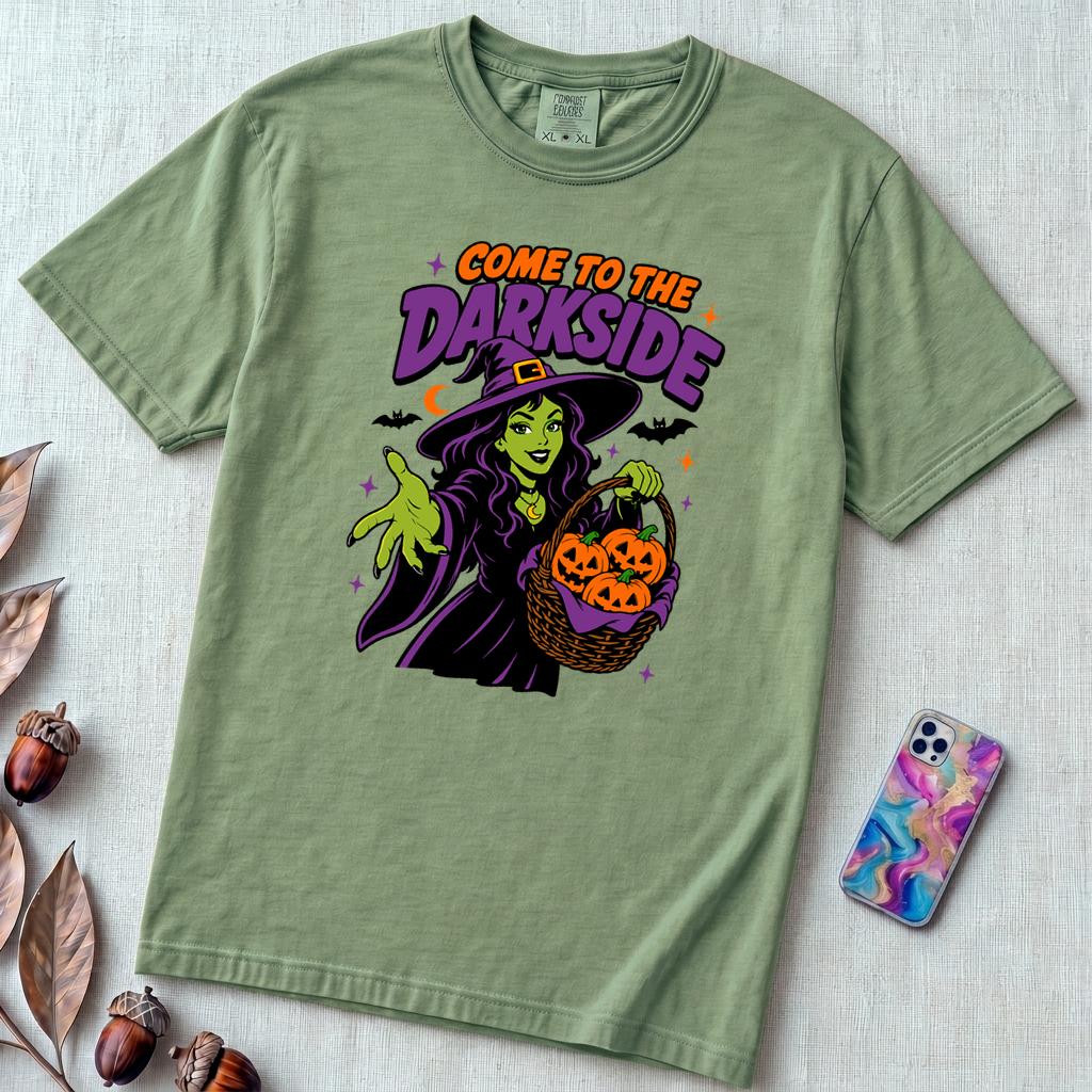 Come to the Darkside Witch T-Shirt, Halloween tee - Light Green unfolded t-shirt mockup