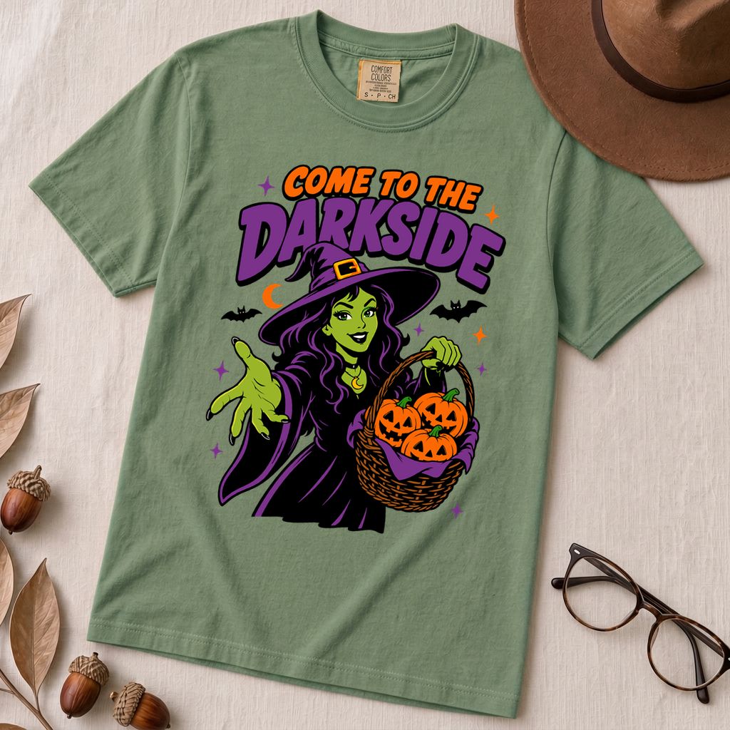 Come to the Darkside Witch T-Shirt, Halloween tee - Light Green unfolded t-shirt mockup