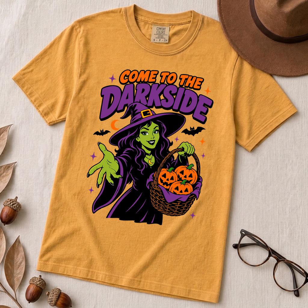 Come to the Darkside Witch T-Shirt, Halloween tee - Mustard unfolded t-shirt mockup