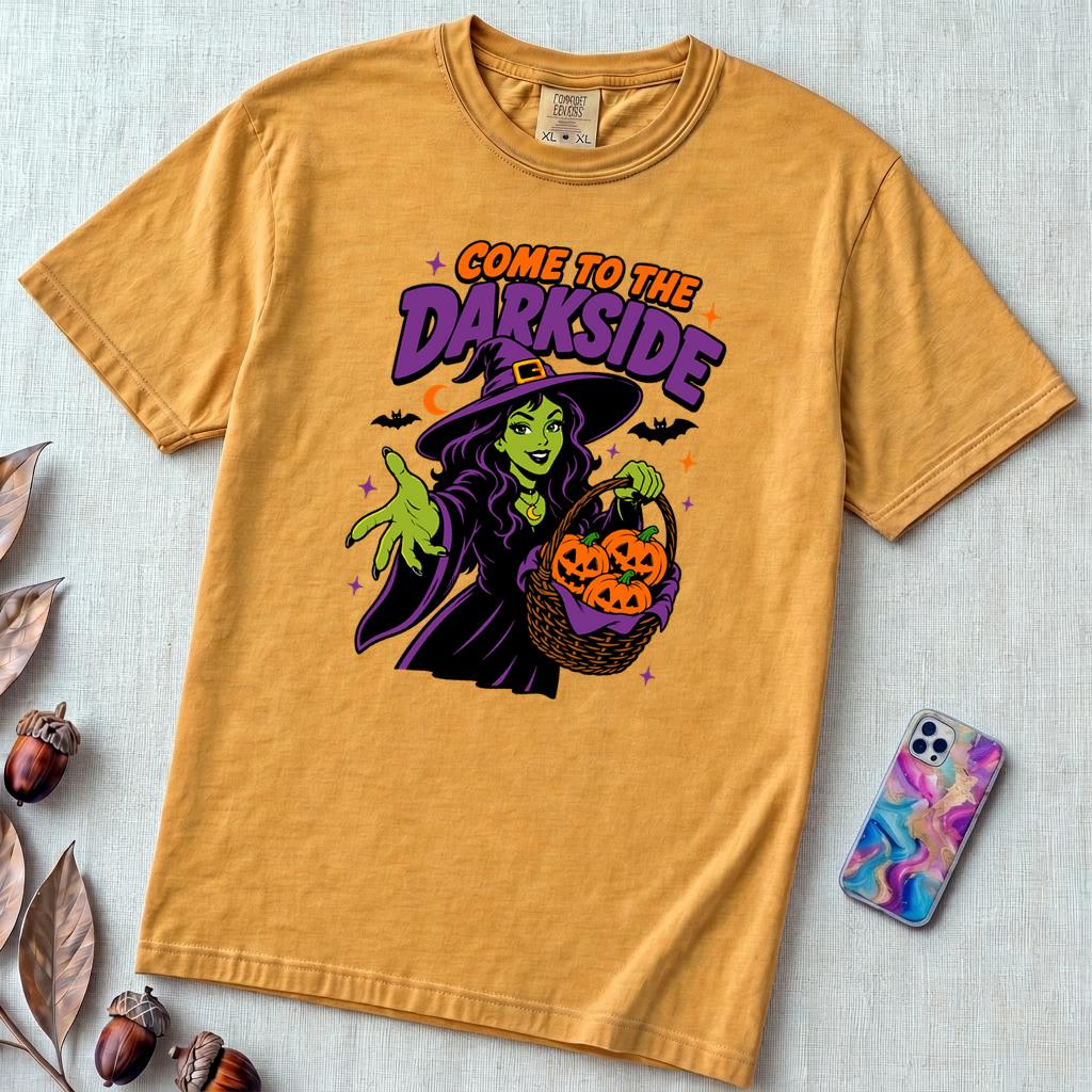 Come to the Darkside Witch T-Shirt, Halloween tee - Mustard unfolded t-shirt mockup