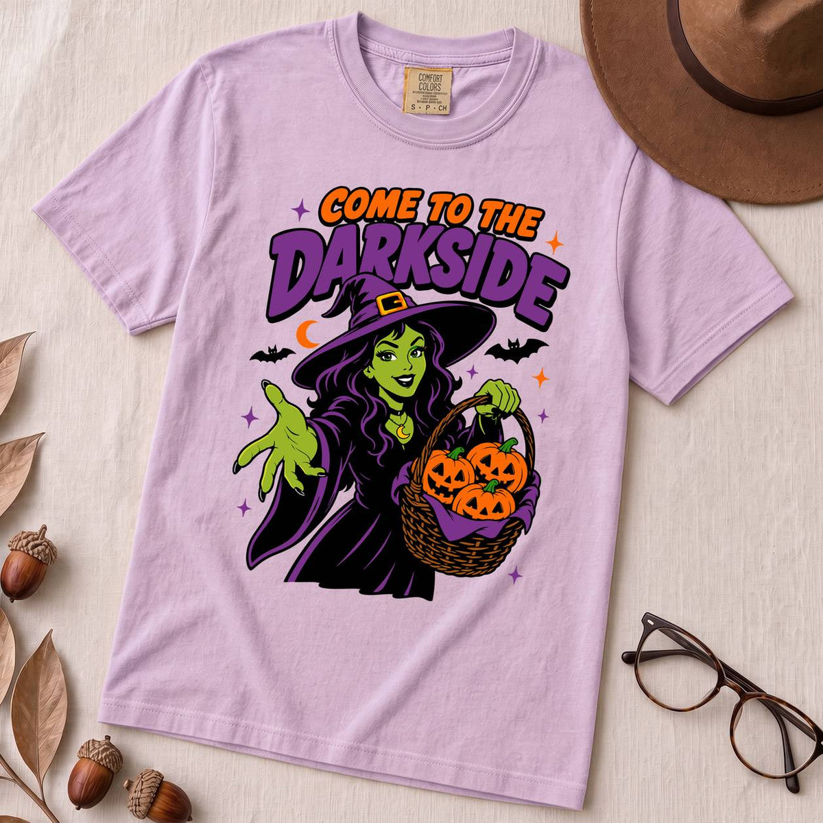 Come to the Darkside Witch T-Shirt, Halloween tee - Orchid unfolded t-shirt mockup