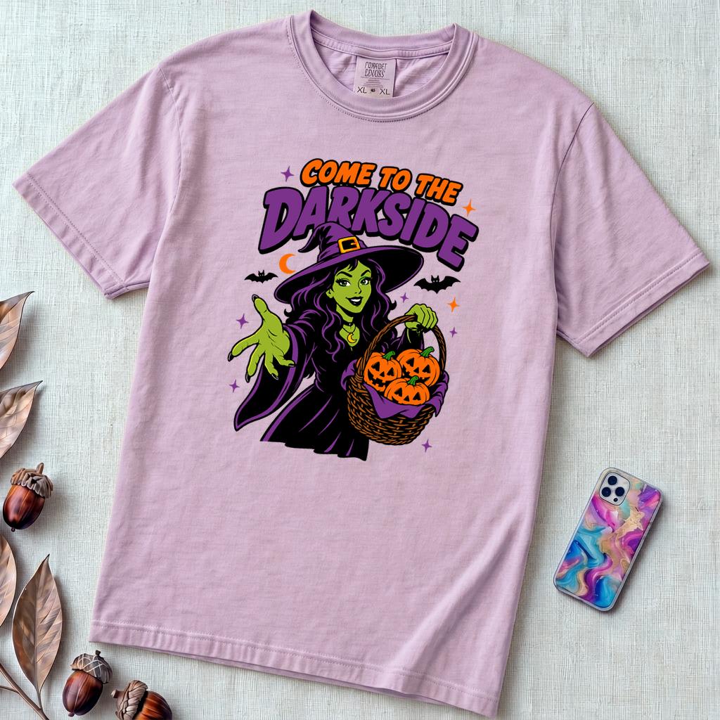 Come to the Darkside Witch T-Shirt, Halloween tee - Orchid unfolded t-shirt mockup