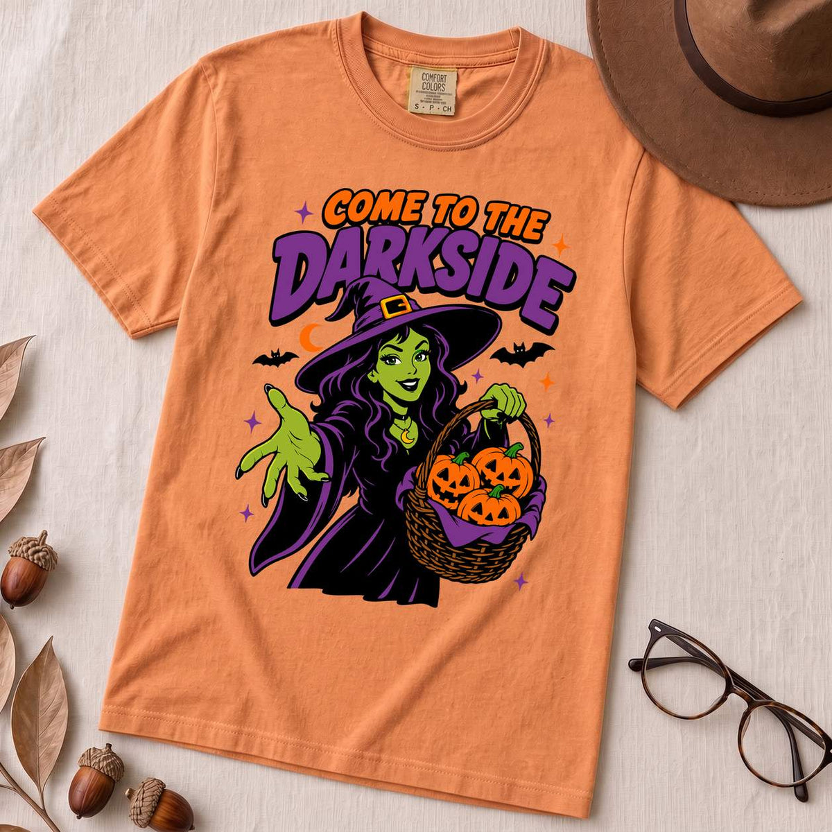 Come to the Darkside Witch T-Shirt, Halloween tee - Terracotta unfolded t-shirt mockup