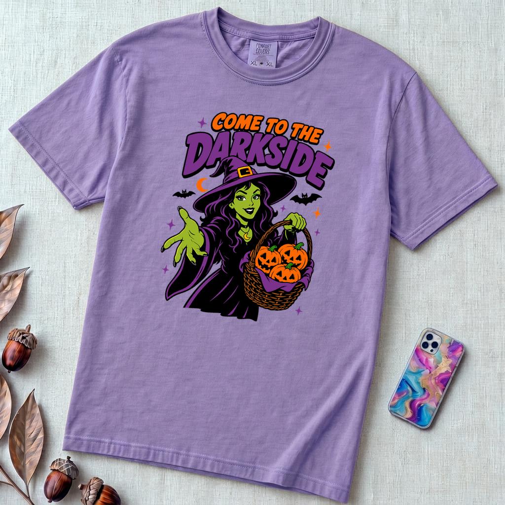 Come to the Darkside Witch T-Shirt, Halloween tee - Violet unfolded t-shirt mockup