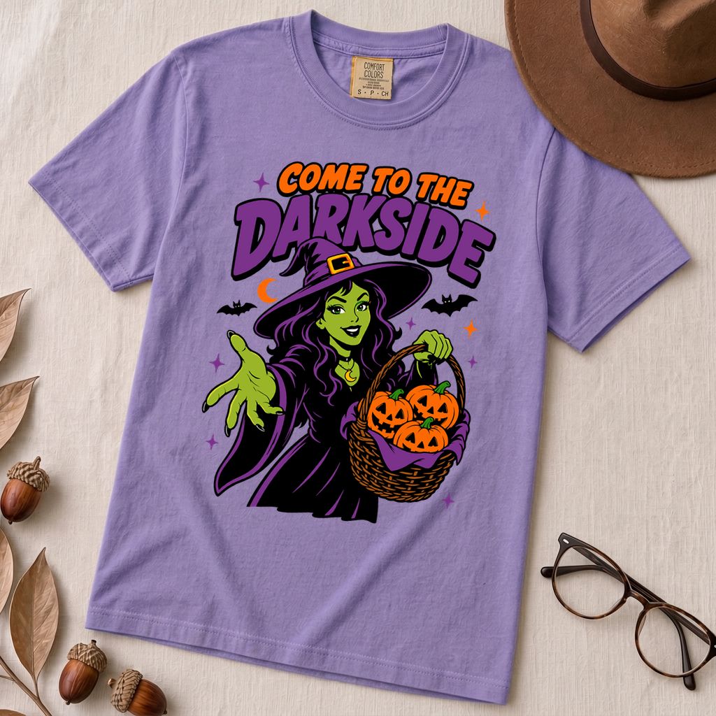 Come to the Darkside Witch T-Shirt, Halloween tee - Violet unfolded t-shirt mockup