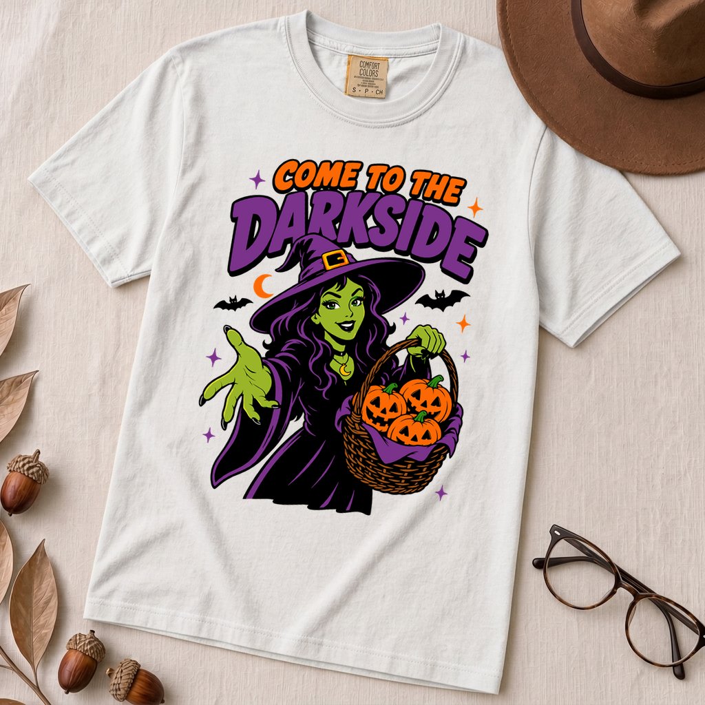Come to the Darkside Witch T-Shirt, Halloween tee - White unfolded t-shirt mockup