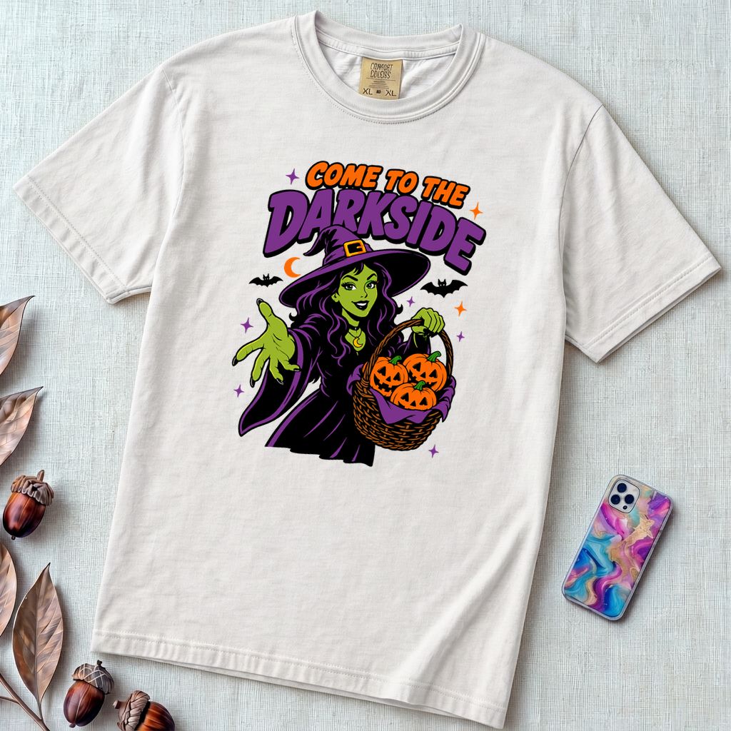 Come to the Darkside Witch T-Shirt, Halloween tee - White unfolded t-shirt mockup