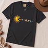 Cosmic Appetite - Sun Pac-Man Eating Planets - Unisex garment-dyed heavyweight t-shirt - Black unfolded t-shirt mockup