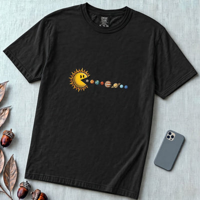 Cosmic Appetite - Sun Pac-Man Eating Planets - Unisex garment-dyed heavyweight t-shirt - Black unfolded t-shirt mockup