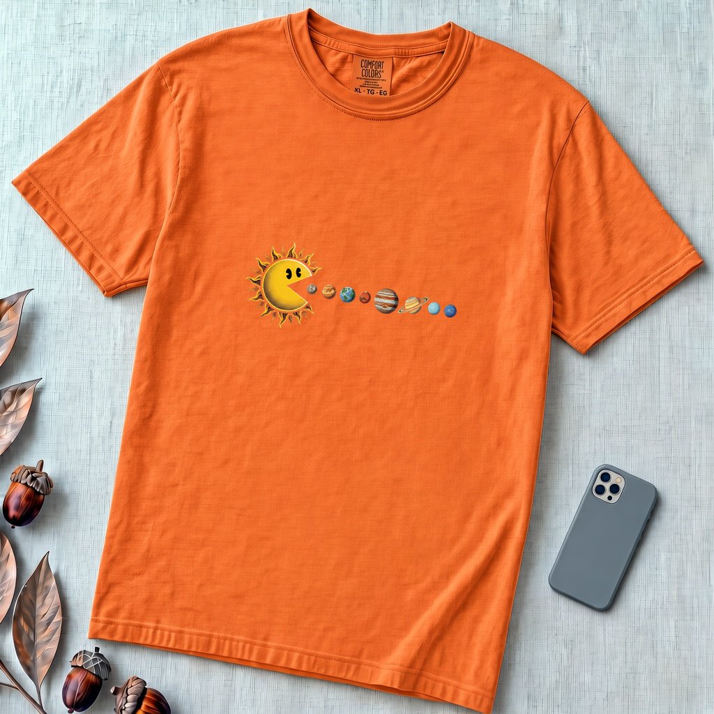 Cosmic Appetite - Sun Pac-Man Eating Planets - Unisex garment-dyed heavyweight t-shirt - Burnt Orange unfolded t-shirt mockup