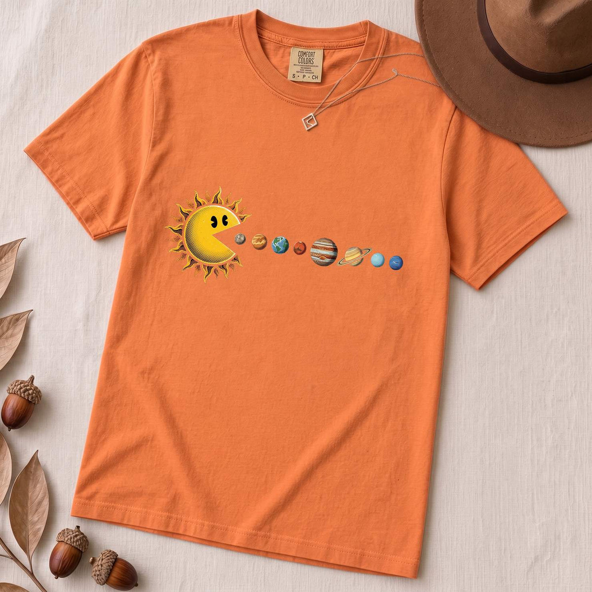 Cosmic Appetite - Sun Pac-Man Eating Planets - Unisex garment-dyed heavyweight t-shirt - Burnt Orange unfolded t-shirt mockup