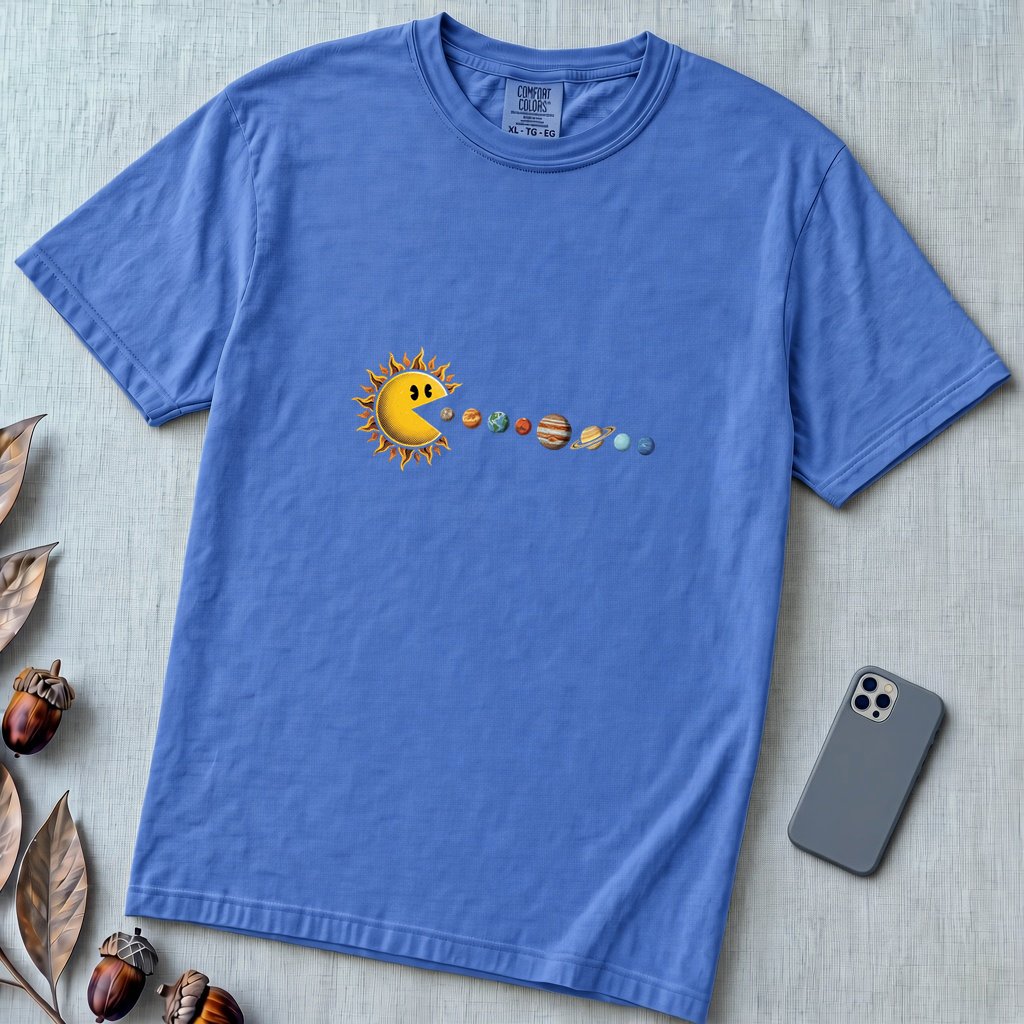 Cosmic Appetite - Sun Pac-Man Eating Planets - Unisex garment-dyed heavyweight t-shirt - Flo Blue unfolded t-shirt mockup