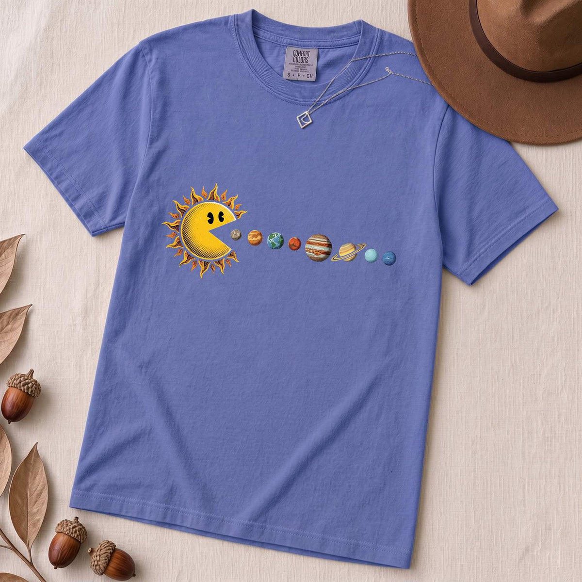 Cosmic Appetite - Sun Pac-Man Eating Planets - Unisex garment-dyed heavyweight t-shirt - Flo Blue unfolded t-shirt mockup