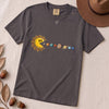 Cosmic Appetite - Sun Pac-Man Eating Planets - Unisex garment-dyed heavyweight t-shirt - Graphite unfolded t-shirt mockup