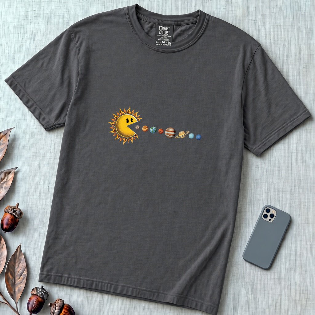 Cosmic Appetite - Sun Pac-Man Eating Planets - Unisex garment-dyed heavyweight t-shirt - Graphite unfolded t-shirt mockup