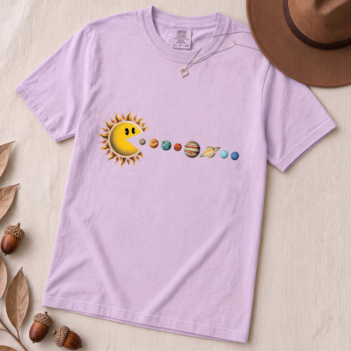Cosmic Appetite - Sun Pac-Man Eating Planets - Unisex garment-dyed heavyweight t-shirt - Orchid unfolded t-shirt mockup