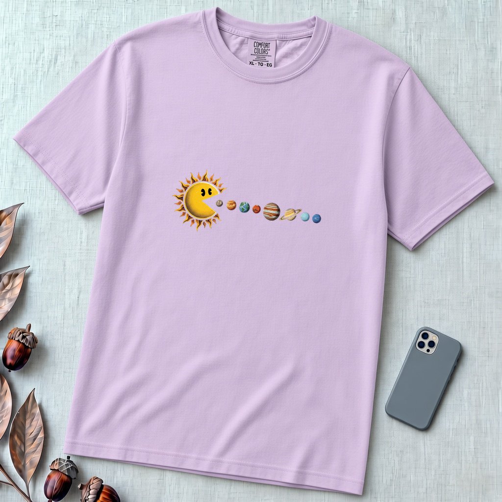 Cosmic Appetite - Sun Pac-Man Eating Planets - Unisex garment-dyed heavyweight t-shirt - Orchid unfolded t-shirt mockup