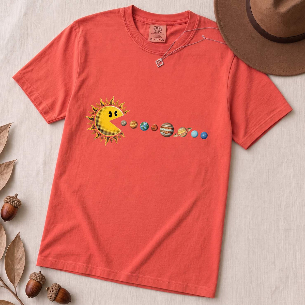 Cosmic Appetite - Sun Pac-Man Eating Planets - Unisex garment-dyed heavyweight t-shirt - Paprika unfolded t-shirt mockup