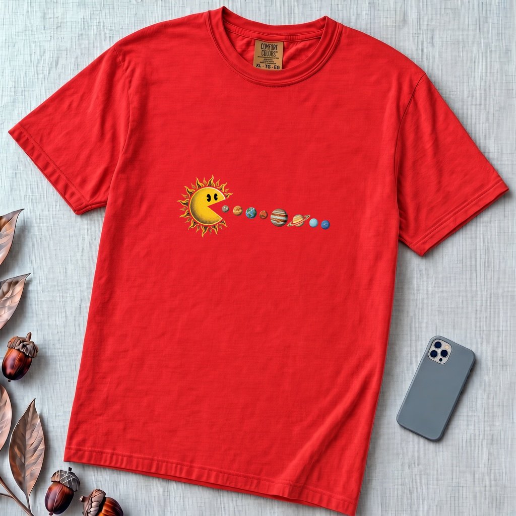 Cosmic Appetite - Sun Pac-Man Eating Planets - Unisex garment-dyed heavyweight t-shirt - Paprika unfolded t-shirt mockup