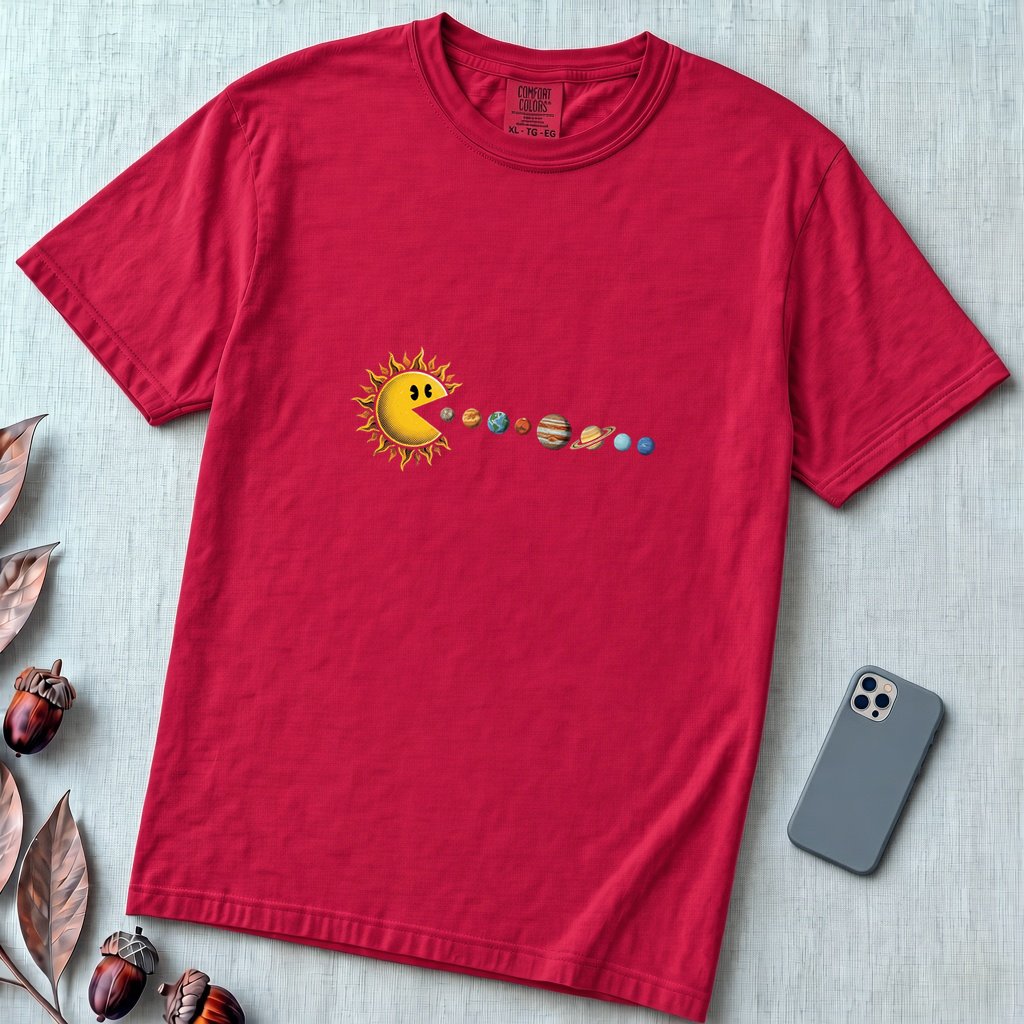 Cosmic Appetite - Sun Pac-Man Eating Planets - Unisex garment-dyed heavyweight t-shirt - Red unfolded t-shirt mockup