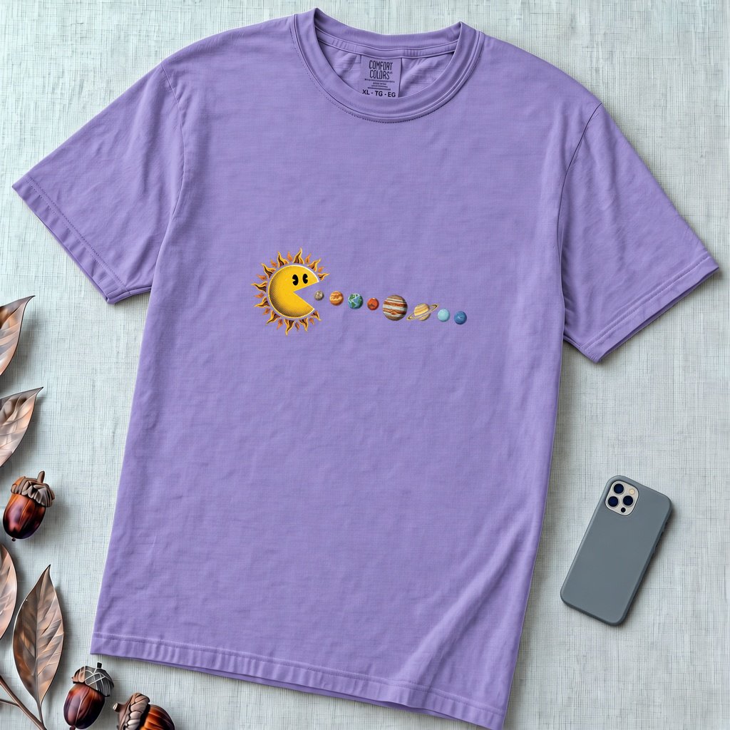 Cosmic Appetite - Sun Pac-Man Eating Planets - Unisex garment-dyed heavyweight t-shirt - Violet unfolded t-shirt mockup