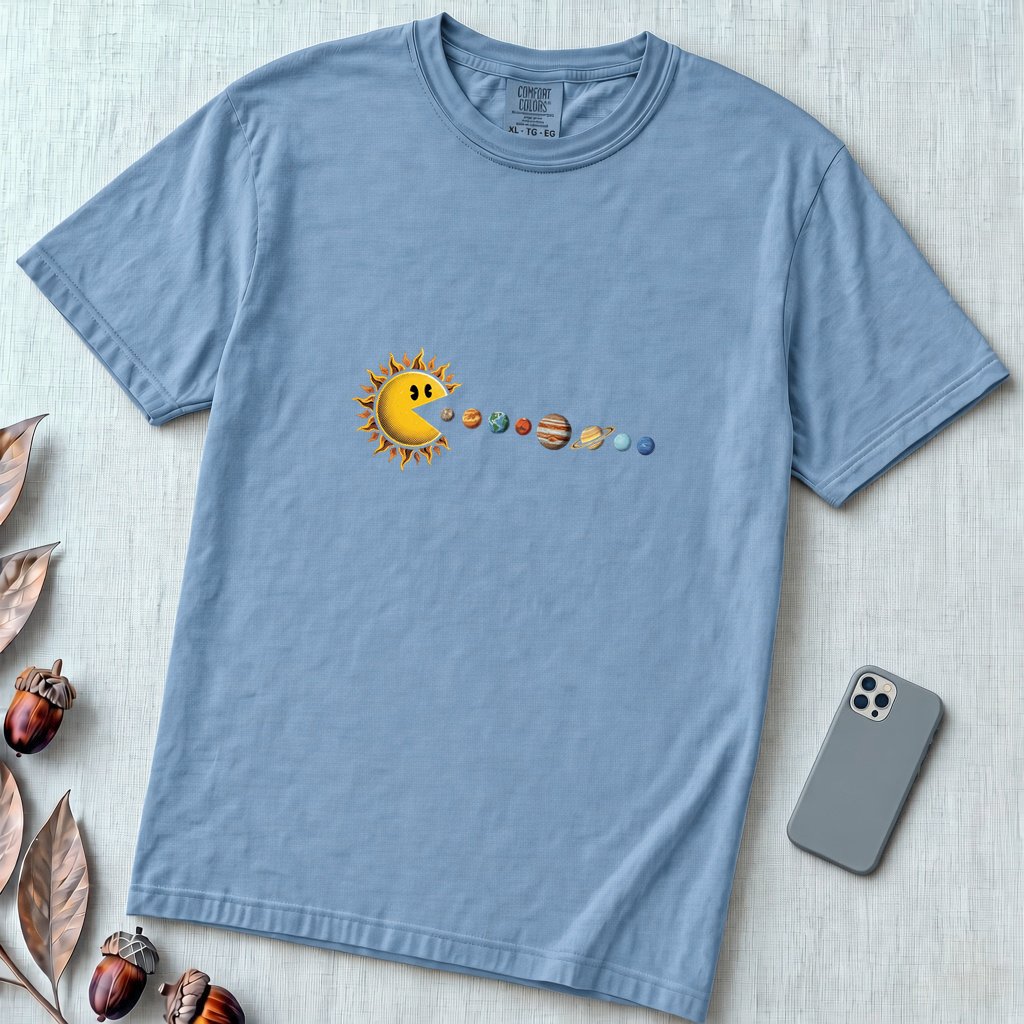 Cosmic Appetite - Sun Pac-Man Eating Planets - Unisex garment-dyed heavyweight t-shirt - Washed Denim unfolded t-shirt mockup