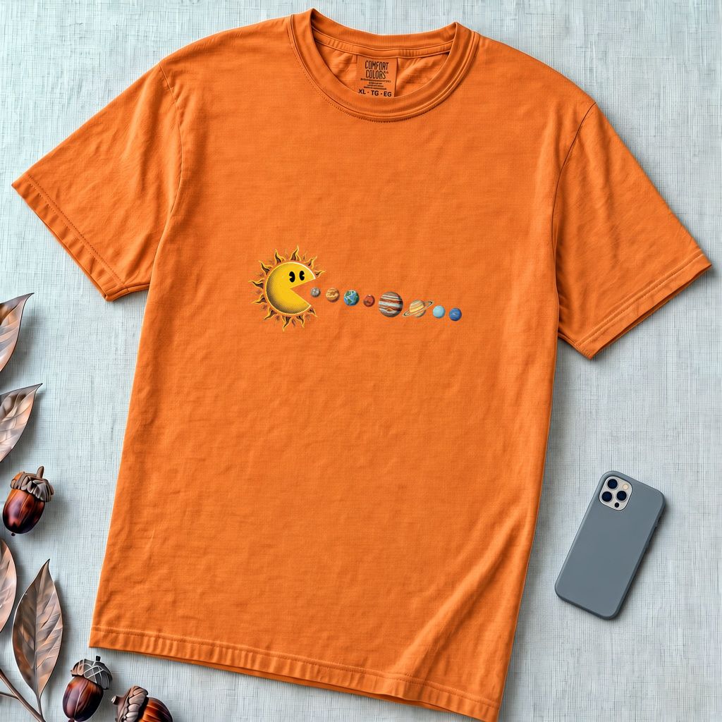 Cosmic Appetite - Sun Pac-Man Eating Planets - Unisex garment-dyed heavyweight t-shirt - Yam unfolded t-shirt mockup