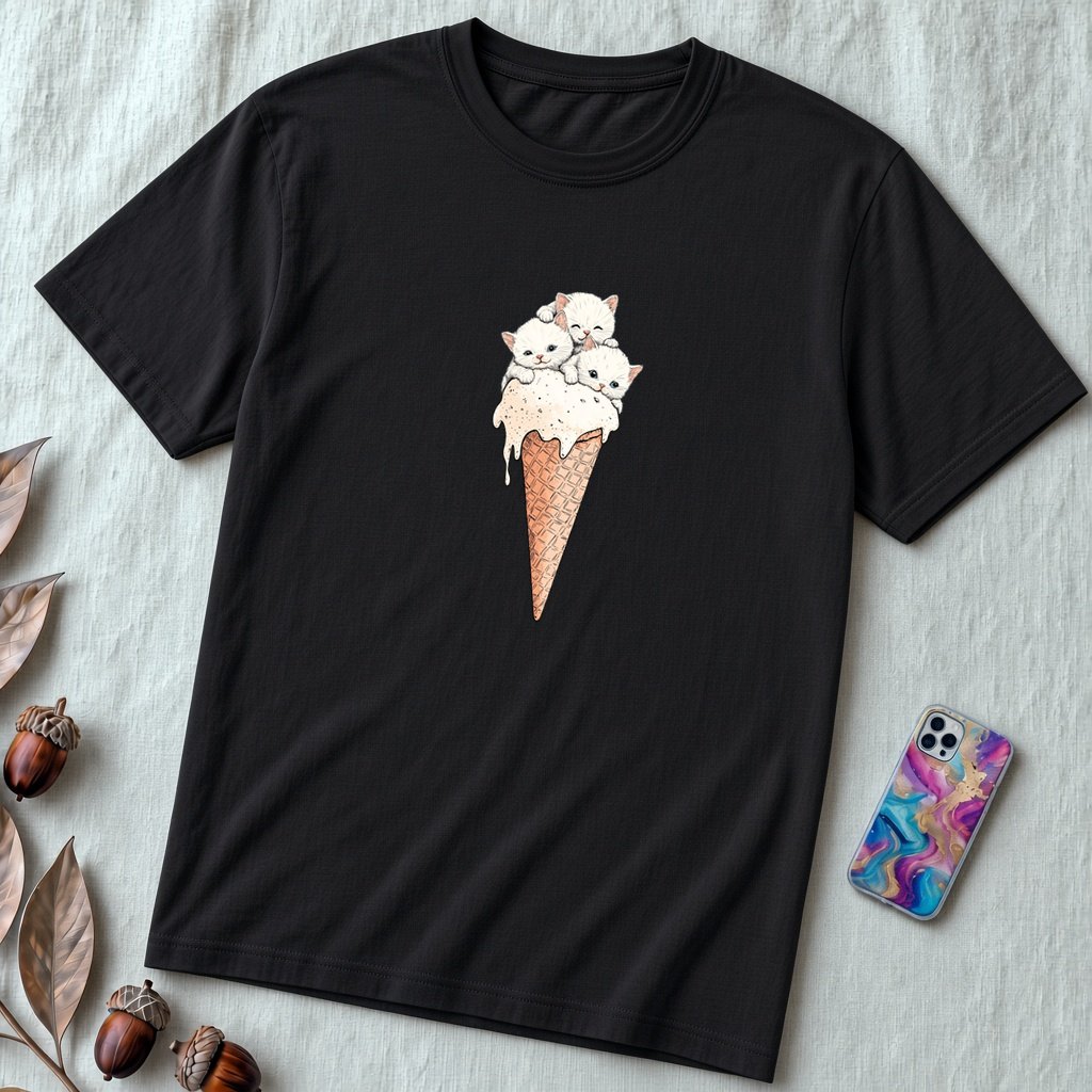 Cute Kittens Ice Cream Cone T-Shirt | Adorable Cat Lovers Tee | Funny Cat Ice Cream Shirt - Black unfolded t-shirt mockup