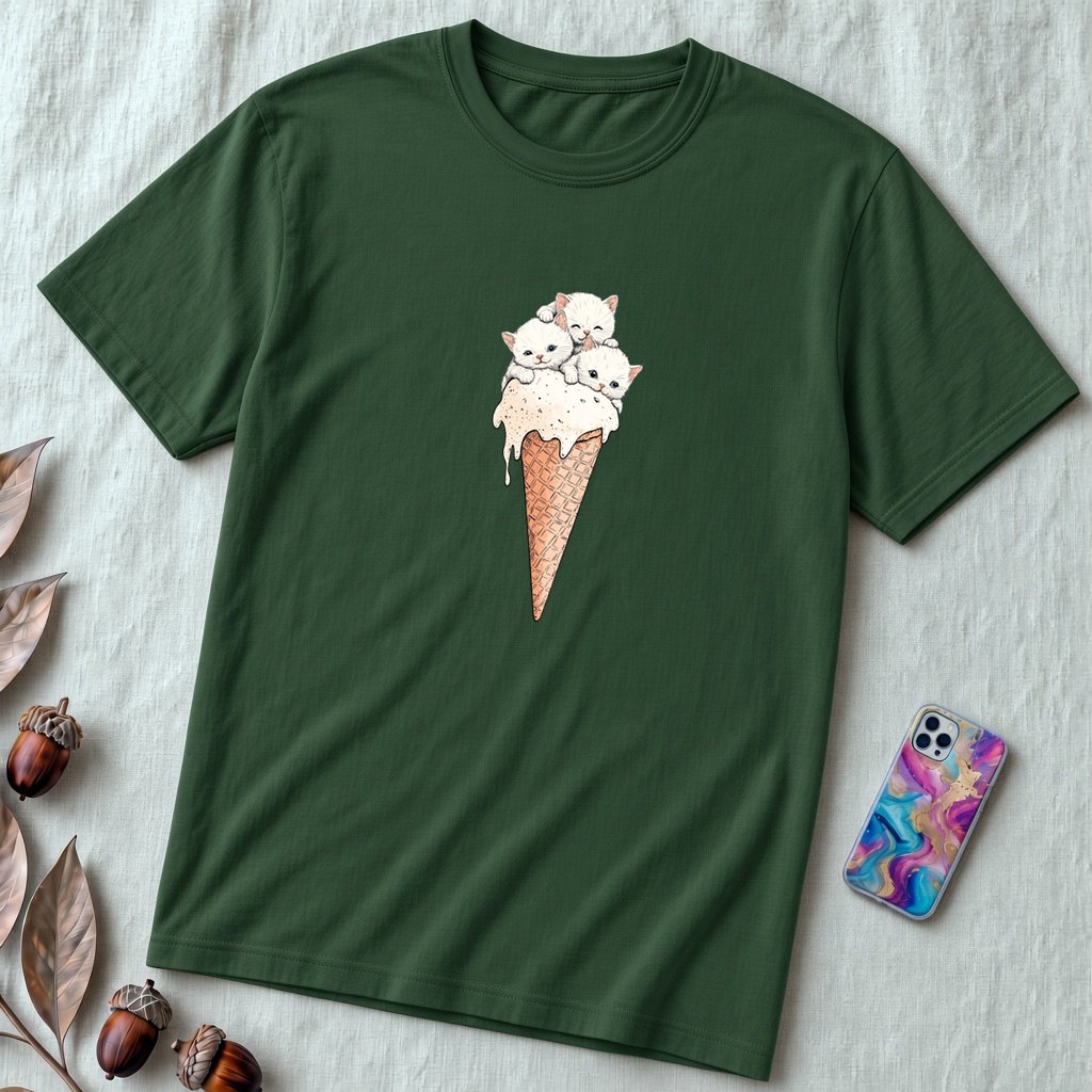 Cute Kittens Ice Cream Cone T-Shirt | Adorable Cat Lovers Tee | Funny Cat Ice Cream Shirt - Forest unfolded t-shirt mockup