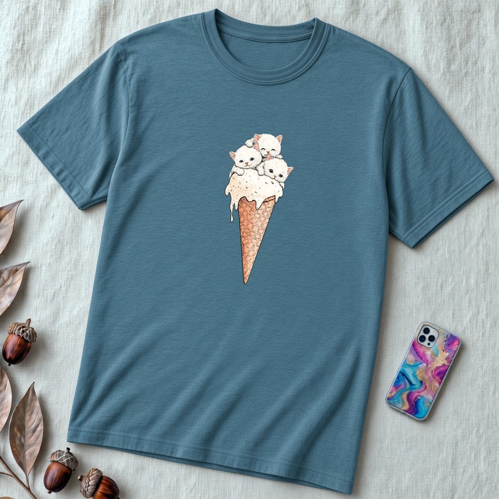 Cute Kittens Ice Cream Cone T-Shirt | Adorable Cat Lovers Tee | Funny Cat Ice Cream Shirt - Heather Deep Teal unfolded t-shirt mockup
