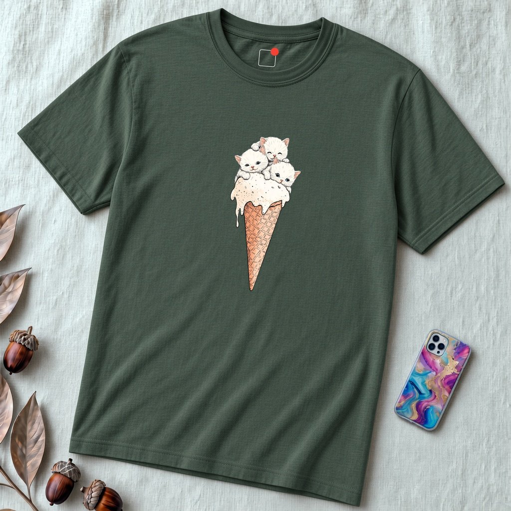 Cute Kittens Ice Cream Cone T-Shirt | Adorable Cat Lovers Tee | Funny Cat Ice Cream Shirt - Heather Forest unfolded t-shirt mockup