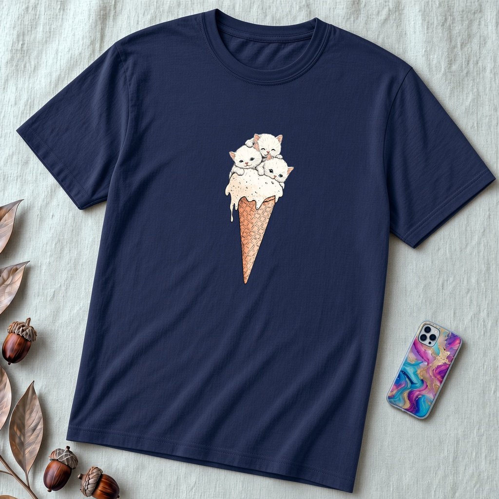 Cute Kittens Ice Cream Cone T-Shirt | Adorable Cat Lovers Tee | Funny Cat Ice Cream Shirt - Navy unfolded t-shirt mockup