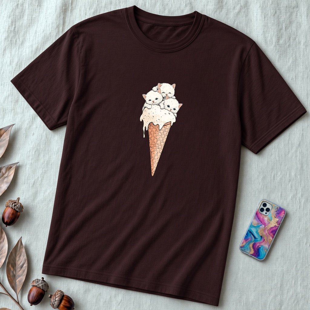 Cute Kittens Ice Cream Cone T-Shirt | Adorable Cat Lovers Tee | Funny Cat Ice Cream Shirt - Oxblood Black unfolded t-shirt mockup