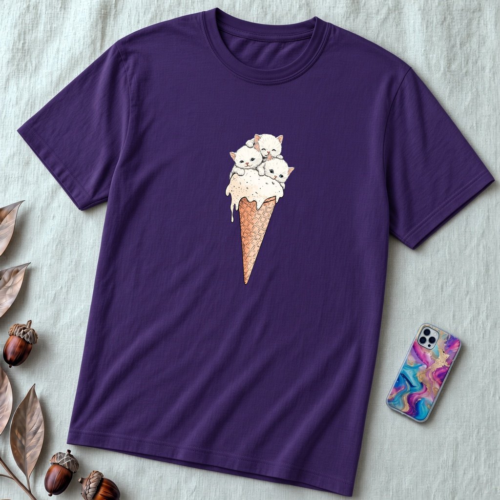 Cute Kittens Ice Cream Cone T-Shirt | Adorable Cat Lovers Tee | Funny Cat Ice Cream Shirt - Team Purple unfolded t-shirt mockup