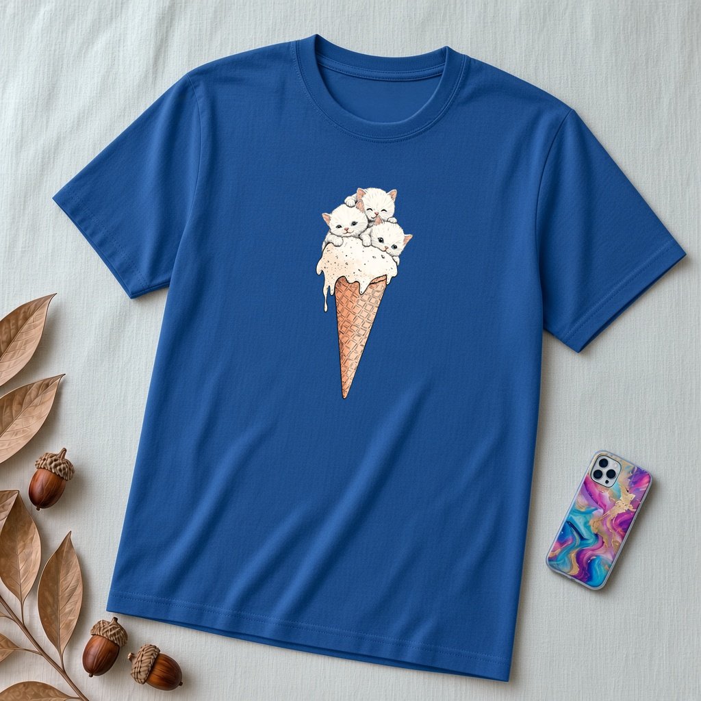 Cute Kittens Ice Cream Cone T-Shirt | Adorable Cat Lovers Tee | Funny Cat Ice Cream Shirt - True Royal unfolded t-shirt mockup