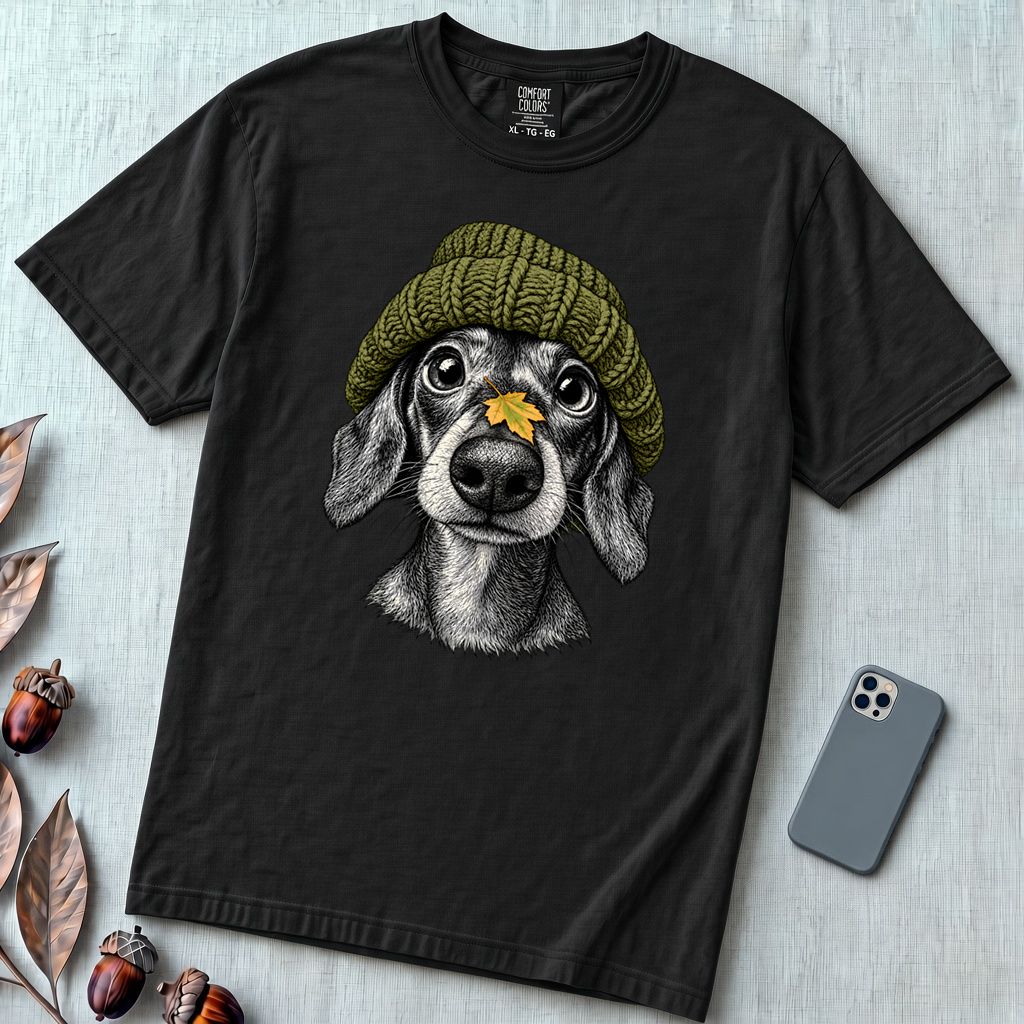 Dachshund in a Beanie Autumn T-Shirt - Black unfolded t-shirt mockup