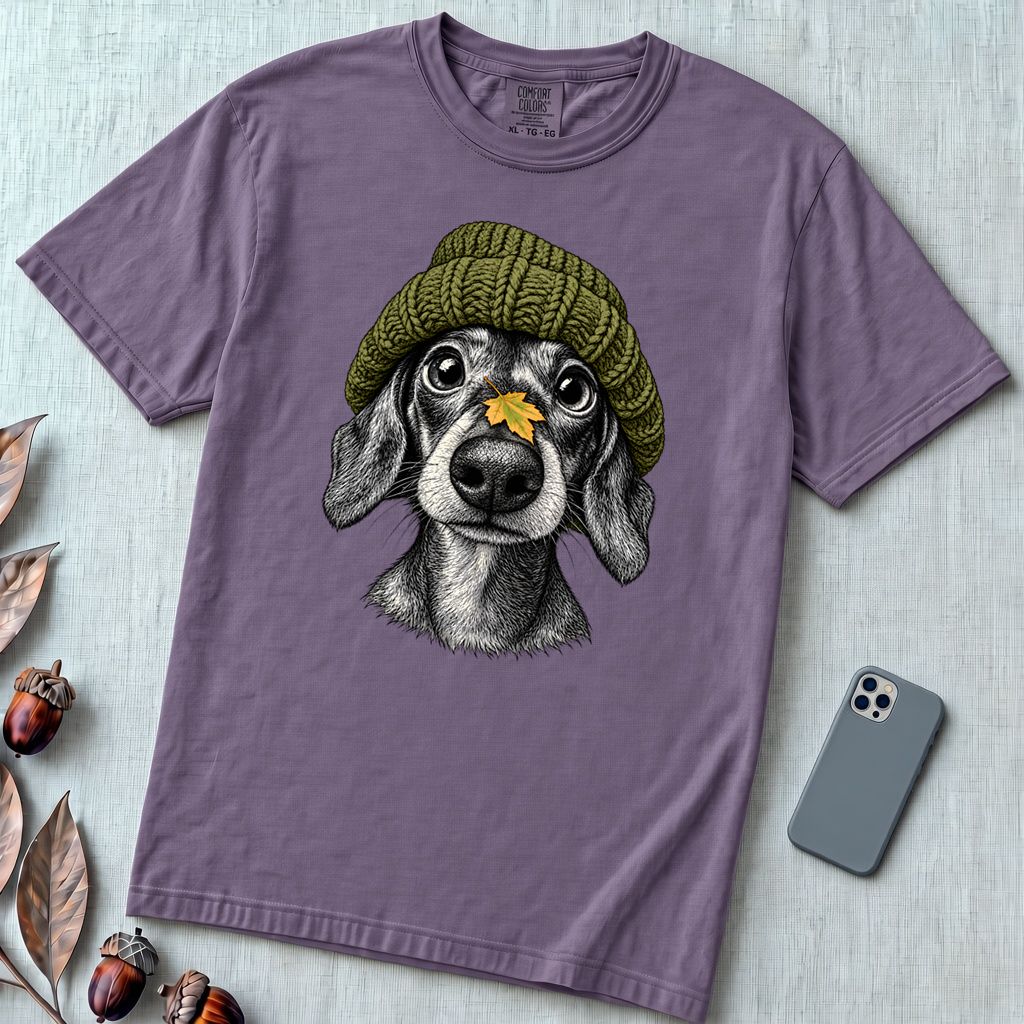 Dachshund in a Beanie Autumn T-Shirt - Grape unfolded t-shirt mockup