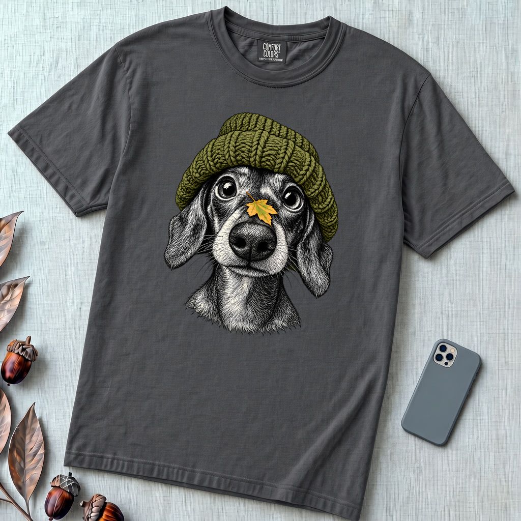 Dachshund in a Beanie Autumn T-Shirt - Graphite unfolded t-shirt mockup