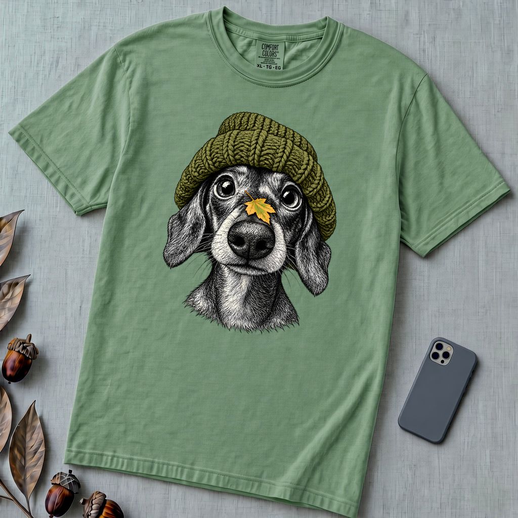 Dachshund in a Beanie Autumn T-Shirt - Light Green unfolded t-shirt mockup