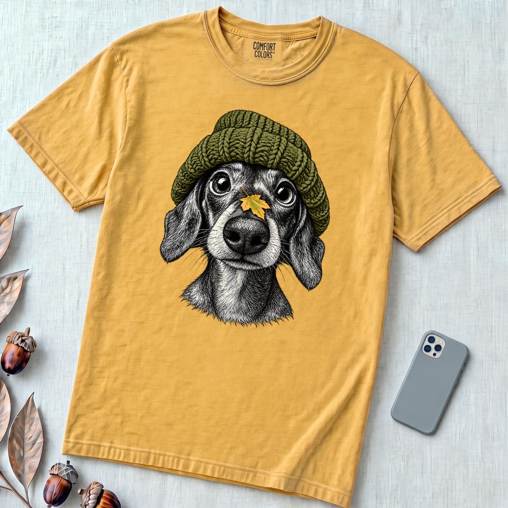 Dachshund in a Beanie Autumn T-Shirt - Mustard unfolded t-shirt mockup