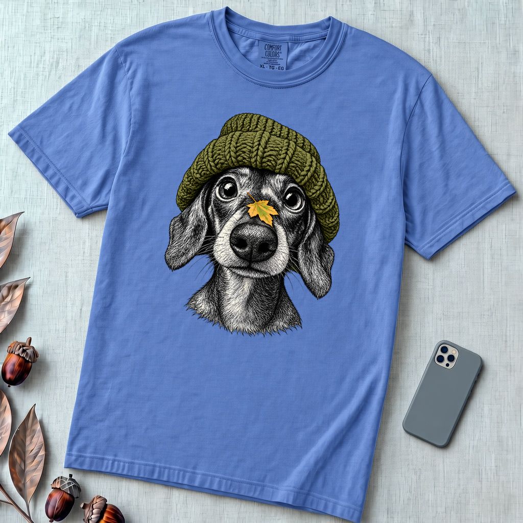 Dachshund in a Beanie Autumn T-Shirt - Mystic Blue unfolded t-shirt mockup