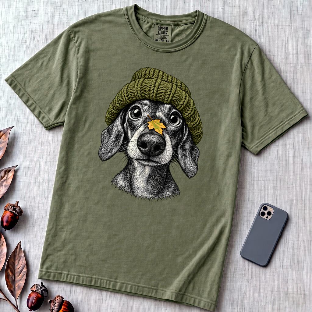 Dachshund in a Beanie Autumn T-Shirt - Sage unfolded t-shirt mockup